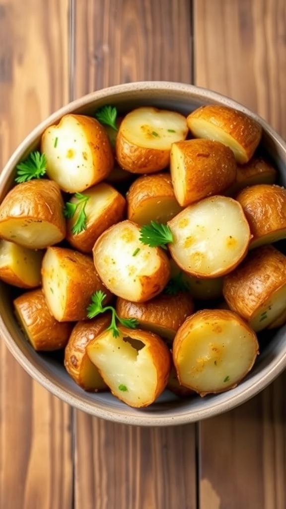 Crispy air fryer baked new potatoes garnished with parsley on a rustic wooden table.
